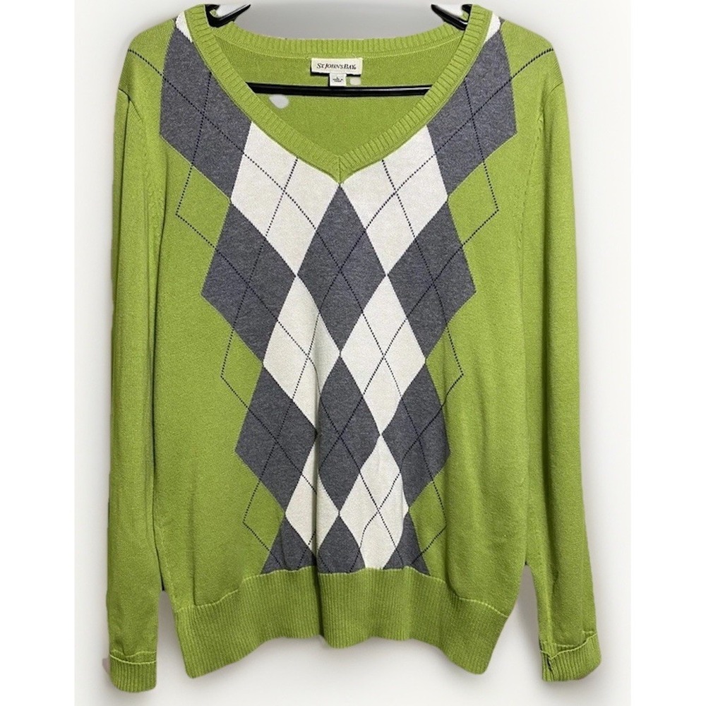 St Johns Bay Womens Lime Green Argyle‎ V-Neck Cotton Knit Sweater Large